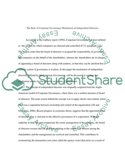 The Role of Corporate Governance Mechanism of Independent Directors