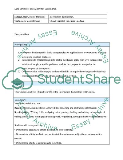 Data Structures and Algorithm Lesson Plan