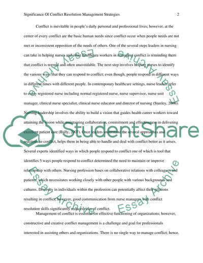 Significance of Conflict Resolution Management Strategies by Nurse Managers
