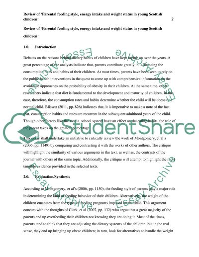 Parental Feeding Style, Energy Intake and Weight Status in Young Scottish Children