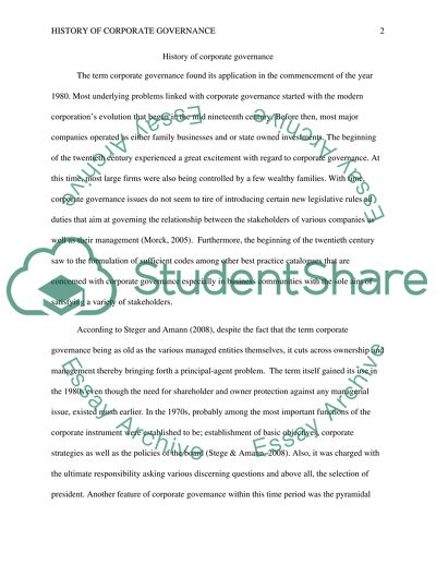 History of Corporate Governance or applicable topic