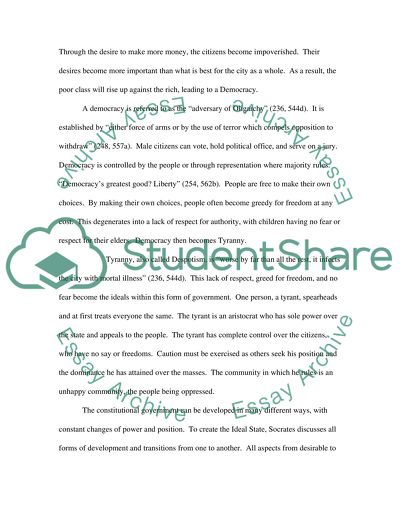 Plato discusses different forms of government within his book entitled The Republic