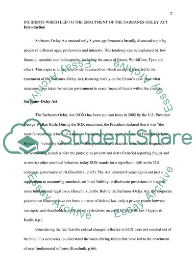 Incidents Which Led to the Enactment of the Sarbanes-Oxley Act