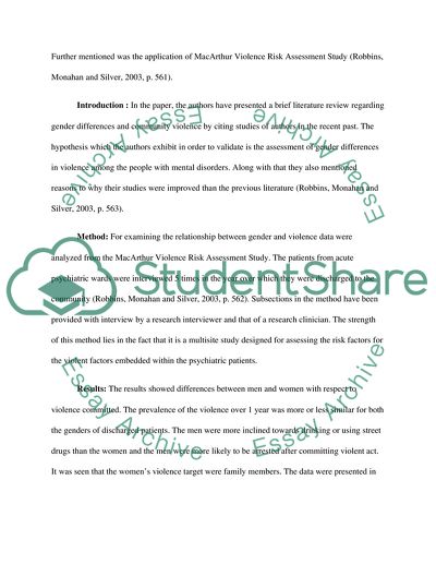 Mental Disorder, Violence, and Gender