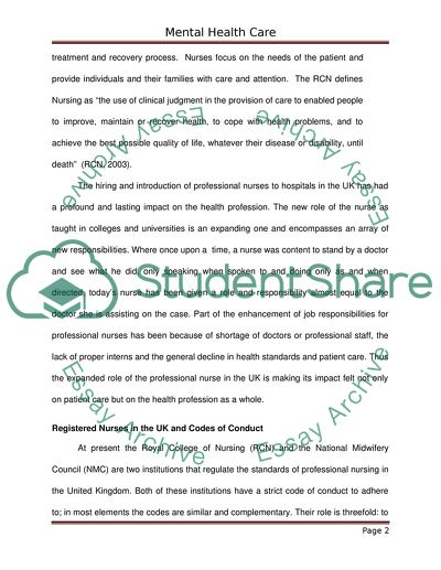 Care of a Patient in the Mental Health Branch