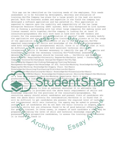 Needs Assessment of Go Live Systems Inc