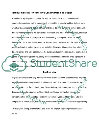 Tortious Liability for Defective Construction and Design