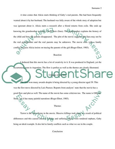 The Film named The Official Story is about Terror in Argentina in the 1980s