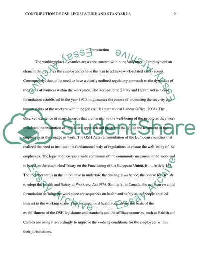 The contribution of OSH legislature and standards