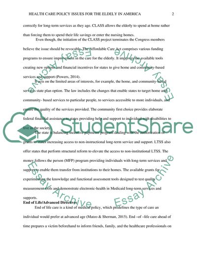 Health Care Policy Issues for the Elderly in America