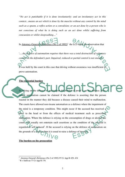 Automatism, Mental Health Issues, and a Defence of Diminished Responsibility as Possible Defences