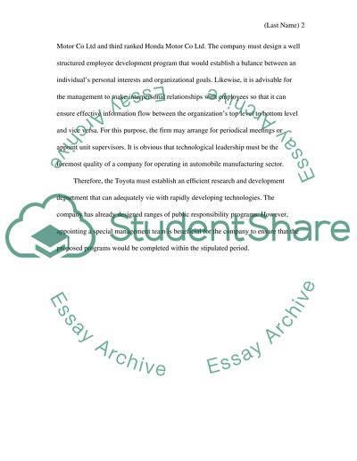 Long Term Objectives: Suggestions to Toyota