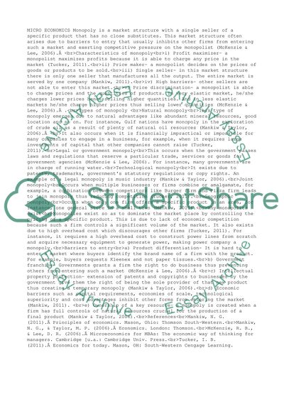Characteristics of Monopoly Market Structure