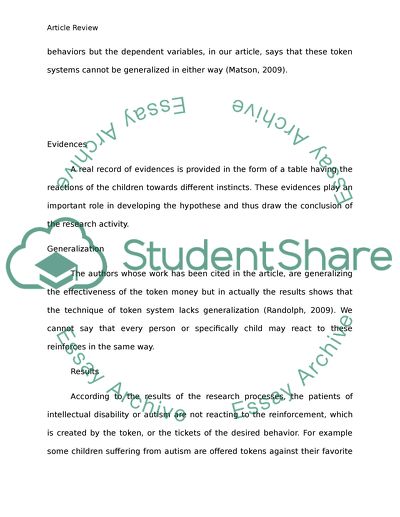 The Token Economy for Children with Intellectual Disability and Autism