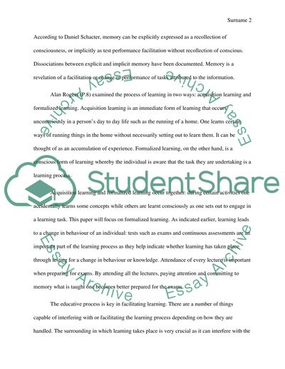 Cognitive Process Required When Preparing for the Examination
