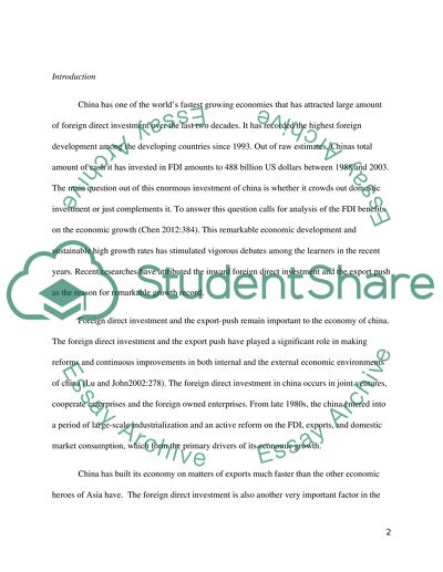 Importance of FDI and Export push to China