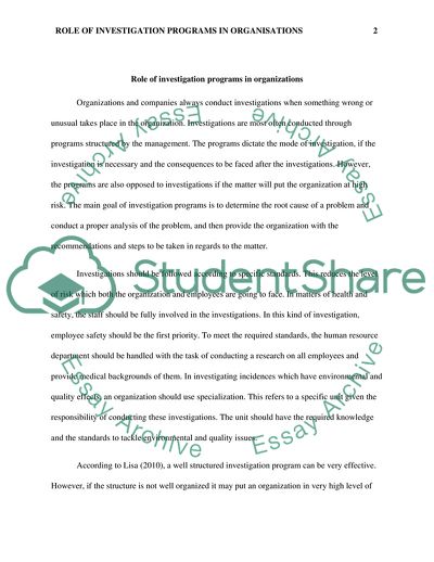 Organizations and Investigation Programs