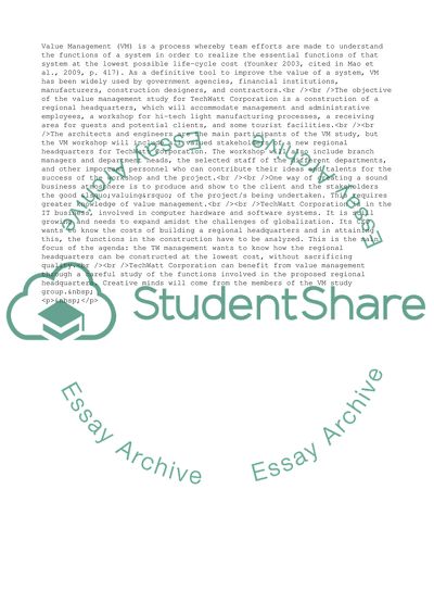 Value Management Study for TechWatt Corporation