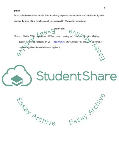 Analysis of Importance of Ethics in Accounting and Financial Decision Making Article by Shanker