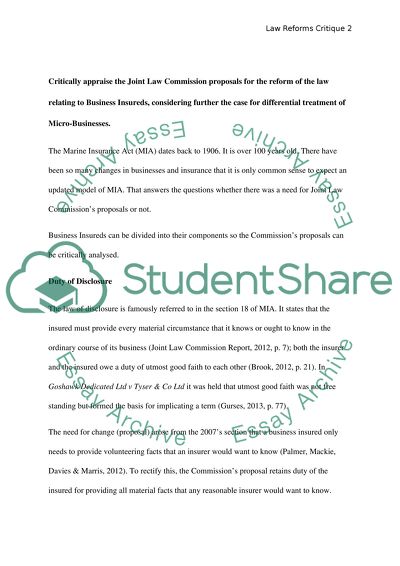 The Joint Law Commission Proposals for the Reform of the Law