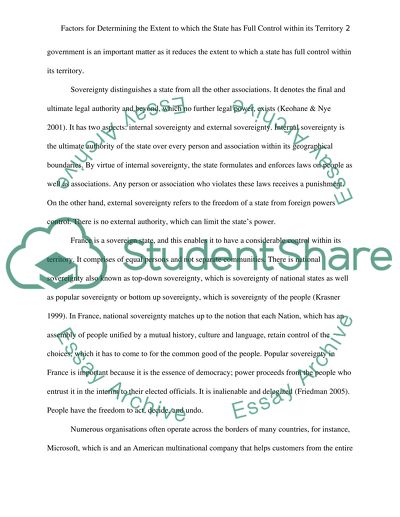 Factors for Determining the Extent to which the State has Full Control within its Territory