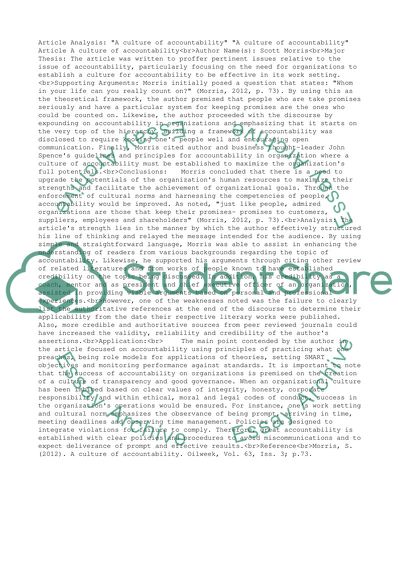 Article Analysis: A Culture of Accountability by Scott Morris