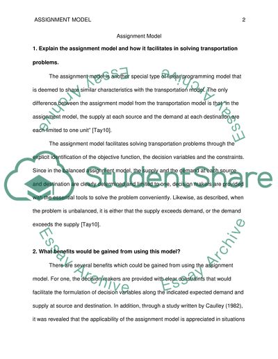 Discussion 2 Week 10 The Assignment Model