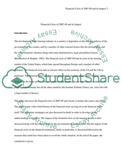 Financial Crisis of 2007-09 and its Impact