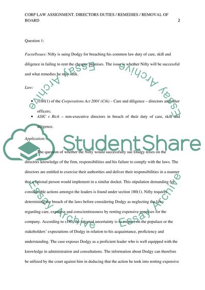 Corp Law Assignment. Directors Duties / Remedies / Removal of Board