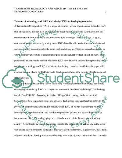 Transfer of Technology and R&D Activities by TNCs