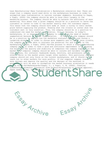 Lean Manufacturing--Mass Customization & Marketplace simulation