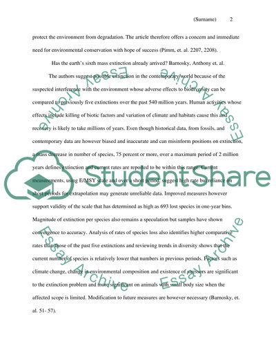 Analysis of Articles - The Earths Sixth Mass Extinction by Barnosky and Can We Defy Natures End by Pimm