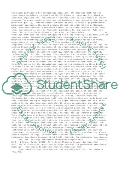 Baldrige Criteria for Performance Excellence