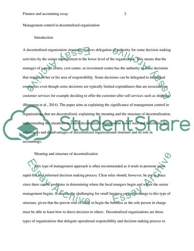 Management Control in Decentralized Organization