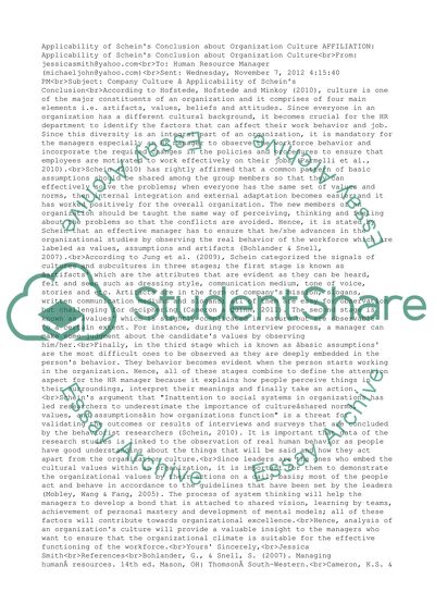 Applicability of Scheins Conclusion about Organization Culture