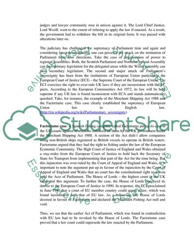 The Relationship of the English Courts to the Doctrine of Parliamentary Supremacy