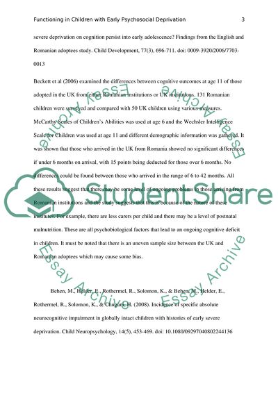 Functioning in Children with Early Psychosocial Deprivation