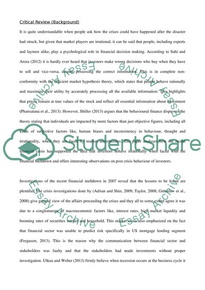 The Effect of the Recent Financial Crises on the UK Investors Psyche