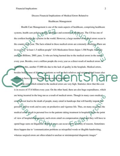 Discuss financial implications of medical errors related to healthcare management