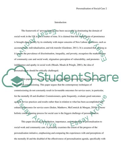 Personalisation of Social Care: Mentally Ill and Disabled