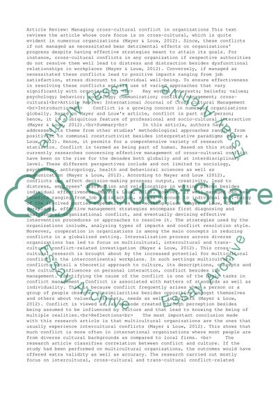 Article Review: Managing Cross-cultural Conflict in Organizations