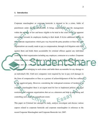 Criminal Law involuntary manslaughter; corporate homicide