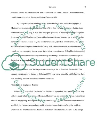 Claims made by Hartman against Sandman, Continental and Dangerfield, Liability and Defenses Available