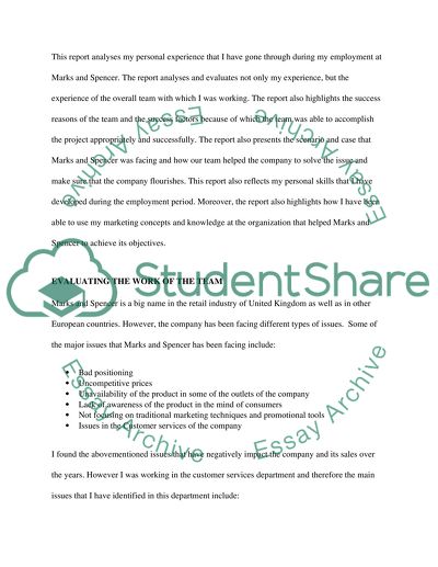 Evaluating the Work of the Team at Marks and Spencer