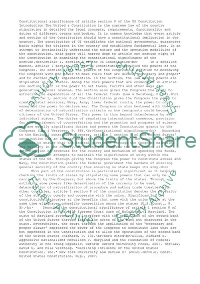 Constitutional significance of Article 1, section 8 of the United States Constitution