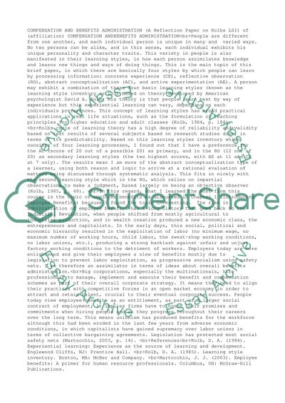 Compensation and Benefits Critical Reflection of Learning Reflection