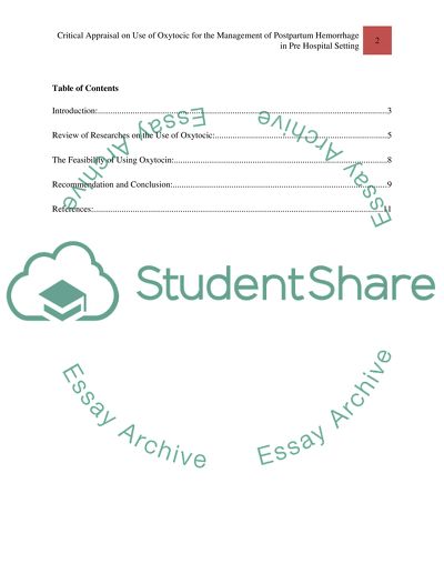 Appraisal on Use of Oxytocin for the Management of Postpartum Hemorrhage in Pre Hospital Setting