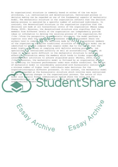 The Mechanistic Mode of Organisational Structure and Its Efficiencies in the Business Operations