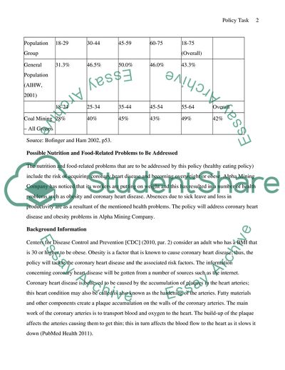 Healthy Policy for a Large Mining Company Operating in South Australia