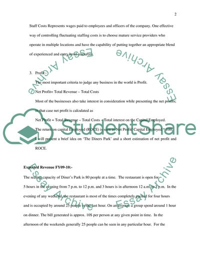 Financial Analysis of The Diners Park Restaurant
